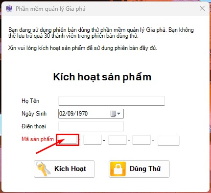 Kích hoạt mã sản phẩm Phần mềm Quản lý gia phả