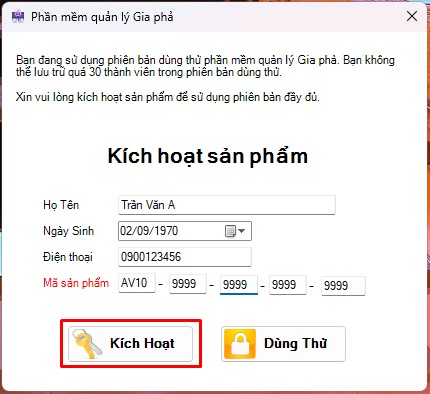 Thông báo_ Kích hoạt mã sản phẩm Phần mềm Quản lý gia phả